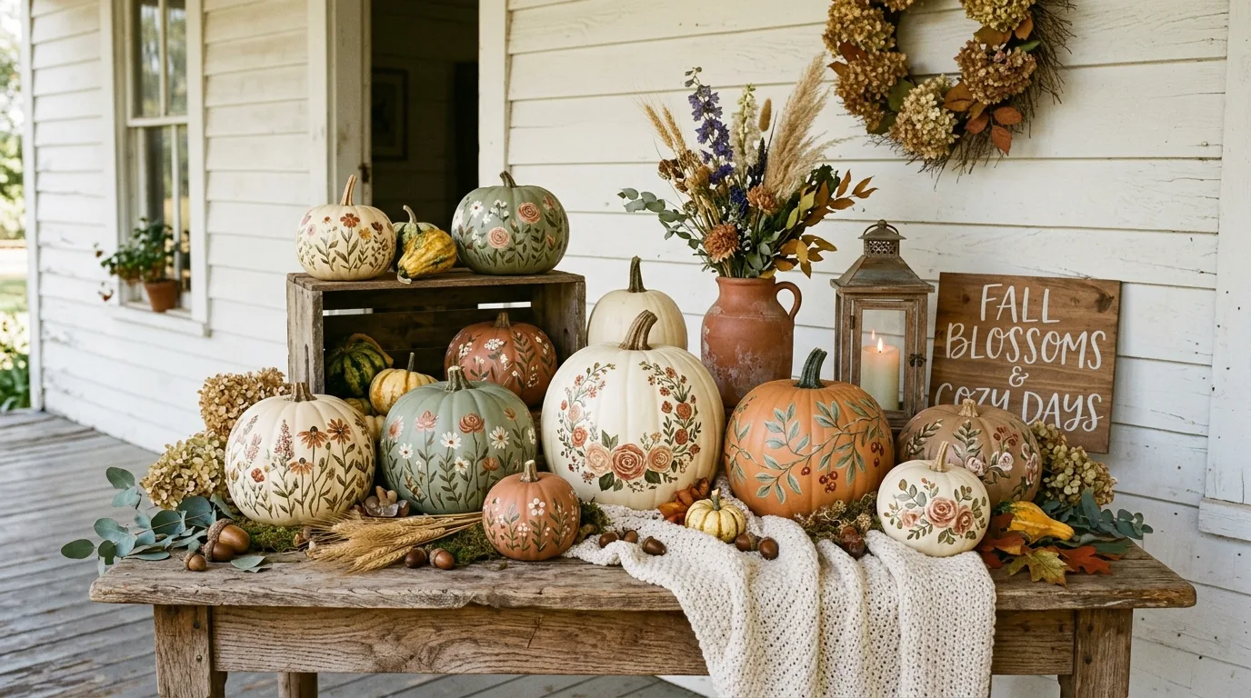 Let neutral pumpkins work with indoor decor inspiration for a painted pumpkin display.